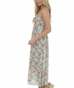 Umgee Baby Blue Floral Sleeveless Pleated Midi Dress 11 Umgee Baby Blue Floral Sleeveless Pleated Midi Dress