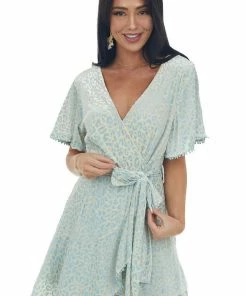 Sweet Lemon Dresses Baby Blue Leopard Print Faux Wrap Short Dress