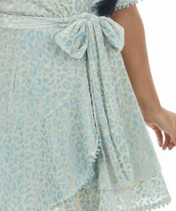 Sweet Lemon Dresses Baby Blue Leopard Print Faux Wrap Short Dress