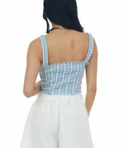 Umgee Tops Baby Blue Plaid Metallic Raw Detail Tank Top