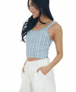 Umgee Tops Baby Blue Plaid Metallic Raw Detail Tank Top