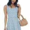 Umgee Baby Blue Plaid Metallic Threaded Woven Mini Dress
