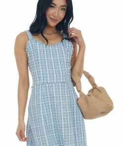 Umgee Baby Blue Plaid Metallic Threaded Woven Mini Dress