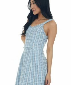 Umgee Baby Blue Plaid Metallic Threaded Woven Mini Dress