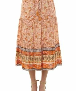 Ces Femme Light Melon Border Print Tiered Woven Midi Skirt Bottoms