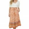 Ces Femme Light Melon Border Print Tiered Woven Midi Skirt Bottoms
