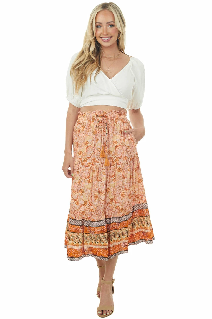 Ces Femme Light Melon Border Print Tiered Woven Midi Skirt Bottoms 3 Ces Femme Light Melon Border Print Tiered Woven Midi Skirt Bottoms