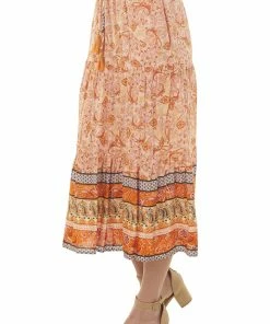 Ces Femme Light Melon Border Print Tiered Woven Midi Skirt Bottoms 8 Ces Femme Light Melon Border Print Tiered Woven Midi Skirt Bottoms