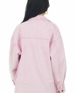 Entro Outerwear Baby Pink Frayed Hem Long Sleeve Denim Jacket