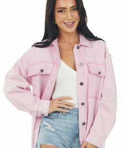 Entro Outerwear Baby Pink Frayed Hem Long Sleeve Denim Jacket