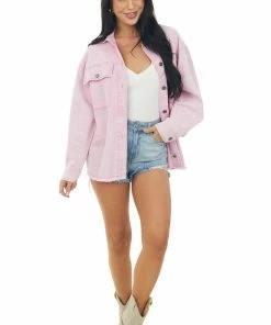 Entro Outerwear Baby Pink Frayed Hem Long Sleeve Denim Jacket