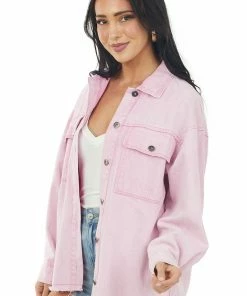 Entro Outerwear Baby Pink Frayed Hem Long Sleeve Denim Jacket