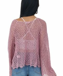 POL Clothing Baby Pink Sheer Crochet Knit Bell Sleeve Top Tops 12 POL Clothing Baby Pink Sheer Crochet Knit Bell Sleeve Top Tops