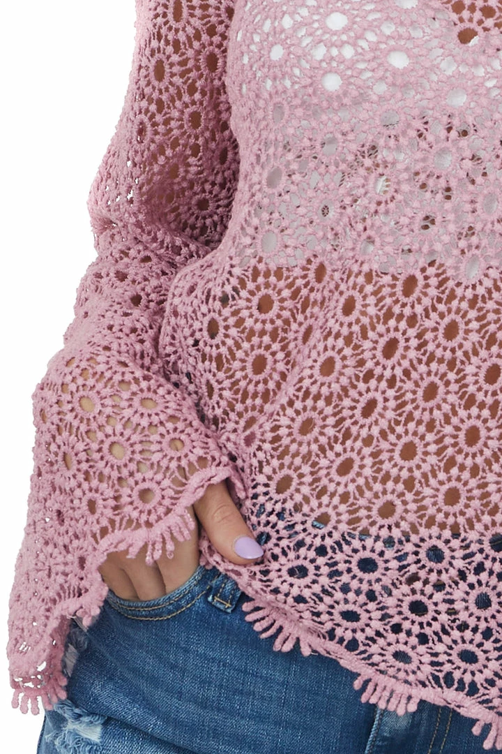 POL Clothing Baby Pink Sheer Crochet Knit Bell Sleeve Top Tops 8 POL Clothing Baby Pink Sheer Crochet Knit Bell Sleeve Top Tops