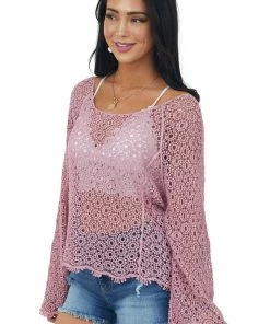 POL Clothing Baby Pink Sheer Crochet Knit Bell Sleeve Top Tops 11 POL Clothing Baby Pink Sheer Crochet Knit Bell Sleeve Top Tops