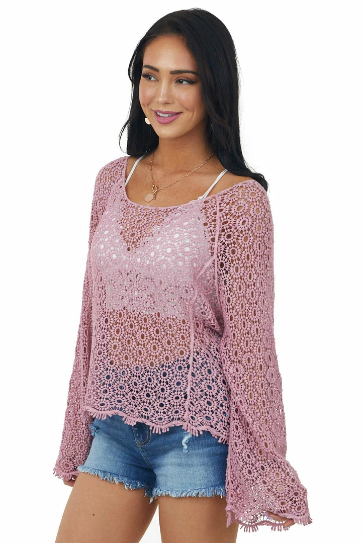 POL Clothing Baby Pink Sheer Crochet Knit Bell Sleeve Top Tops 6 POL Clothing Baby Pink Sheer Crochet Knit Bell Sleeve Top Tops