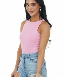 She + Sky Baby Pink Sleeveless Halter Ribbed Knit Bodysuit