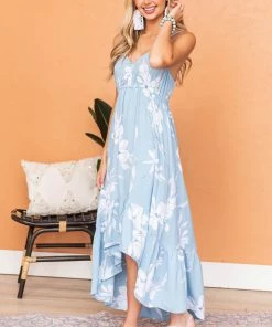 ANGIE Dresses Baby Blue Floral Print Sleeveless High Low Dress