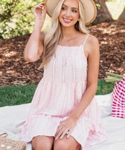 HYFVE Baby Pink Gingham Stripe Print Tiered Dress