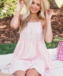 HYFVE Baby Pink Gingham Stripe Print Tiered Dress