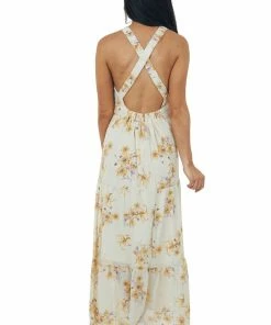 She + Sky Dresses Beige Floral Criss Cross Open Back Maxi Dress