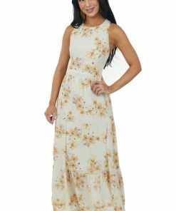 She + Sky Dresses Beige Floral Criss Cross Open Back Maxi Dress