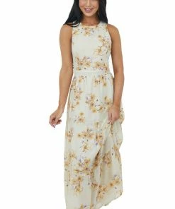 She + Sky Dresses Beige Floral Criss Cross Open Back Maxi Dress