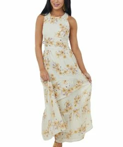 She + Sky Dresses Beige Floral Criss Cross Open Back Maxi Dress