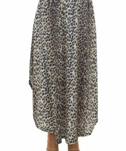 Eesome Bottoms Beige Leopard Print Waffle Knit Maxi Skirt With Side Slits