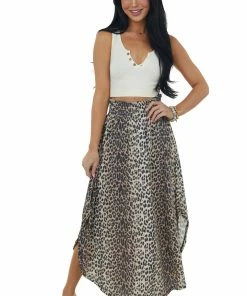 Eesome Bottoms Beige Leopard Print Waffle Knit Maxi Skirt With Side Slits
