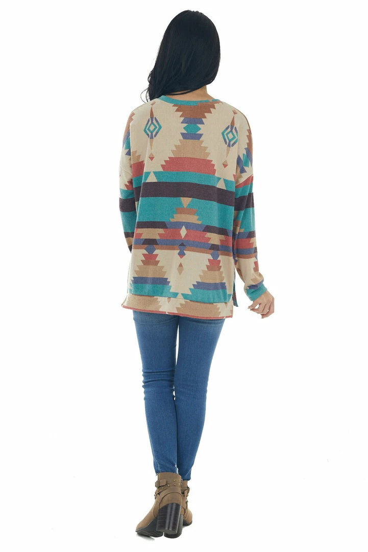 IWT Brands Beige Multicolor Aztec Print Long Sleeve Top Tops 9 IWT Brands Beige Multicolor Aztec Print Long Sleeve Top Tops