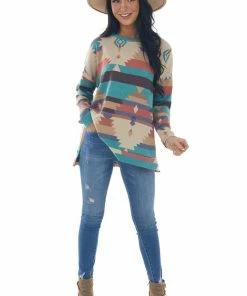 IWT Brands Beige Multicolor Aztec Print Long Sleeve Top Tops 21 IWT Brands Beige Multicolor Aztec Print Long Sleeve Top Tops