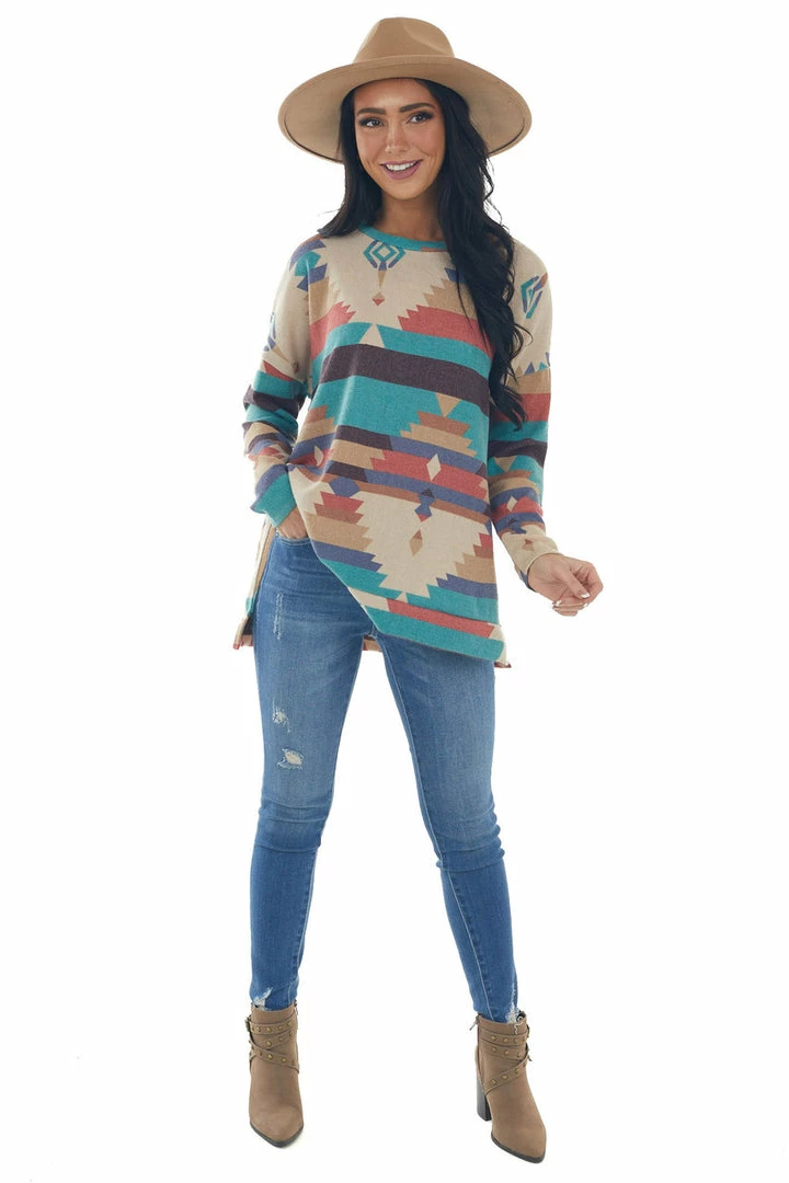 IWT Brands Beige Multicolor Aztec Print Long Sleeve Top Tops 6 IWT Brands Beige Multicolor Aztec Print Long Sleeve Top Tops