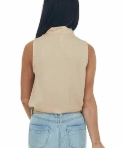 Glam Tops Beige Sleeveless Surplice V Neck Bodysuit