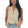 Glam Tops Beige Sleeveless Surplice V Neck Bodysuit