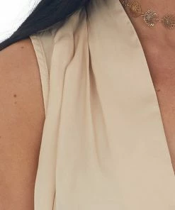 Glam Tops Beige Sleeveless Surplice V Neck Bodysuit