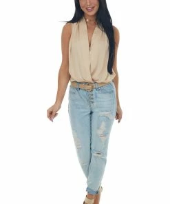 Glam Tops Beige Sleeveless Surplice V Neck Bodysuit