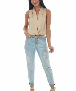 Glam Tops Beige Sleeveless Surplice V Neck Bodysuit
