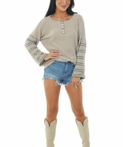 143 Story Beige Striped Long Sleeve Button Detail Top Tops