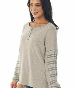 143 Story Beige Striped Long Sleeve Button Detail Top Tops