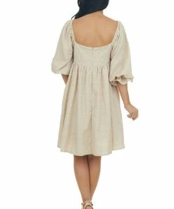 Sweet Lemon Beige Textured Woven Babydoll Short Dress