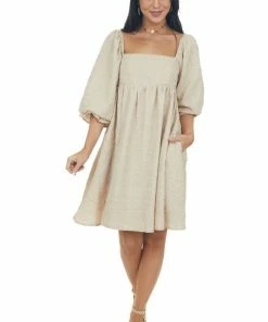Sweet Lemon Beige Textured Woven Babydoll Short Dress