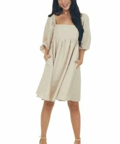 Sweet Lemon Beige Textured Woven Babydoll Short Dress