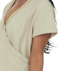 Aemi + Co Beige V Neck Crossover Short Sleeve Top Tops