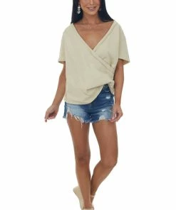 Aemi + Co Beige V Neck Crossover Short Sleeve Top Tops