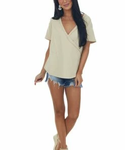 Aemi + Co Beige V Neck Crossover Short Sleeve Top Tops