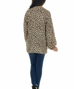143 Story Beige Leopard Print Long Puff Sleeve Woven Top