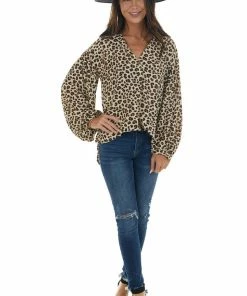 143 Story Beige Leopard Print Long Puff Sleeve Woven Top