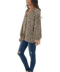 143 Story Beige Leopard Print Long Puff Sleeve Woven Top