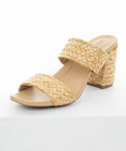 MIA Beige Braided Straw Block Heel Double Strap Mules Shoes